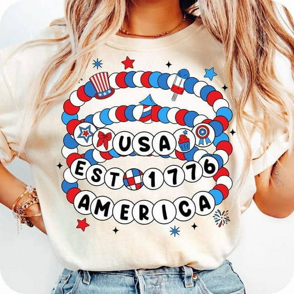 America Friendship Bracelet T-shirt, Preppy 4th of July USA Shirt, Girly 4th of July Shirt, 1776 Shirt, Memorial Day, Independence Day, America Shirt TH210598