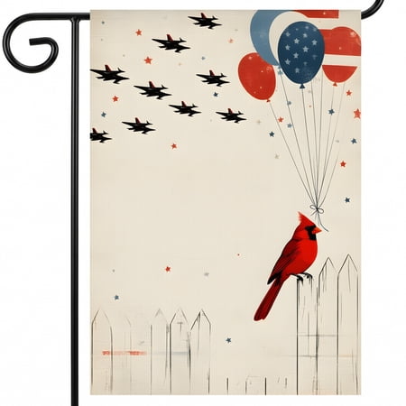 America Garden Flag 28x40" Red Bird Sitting On Top Of A White Picket Fence For Your Large Yard With Decor