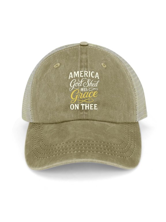 America God Shed His Grace On Thee Khaki Adjustable Trucker Baseball Cap for Men Women, Mesh Snapback Hat