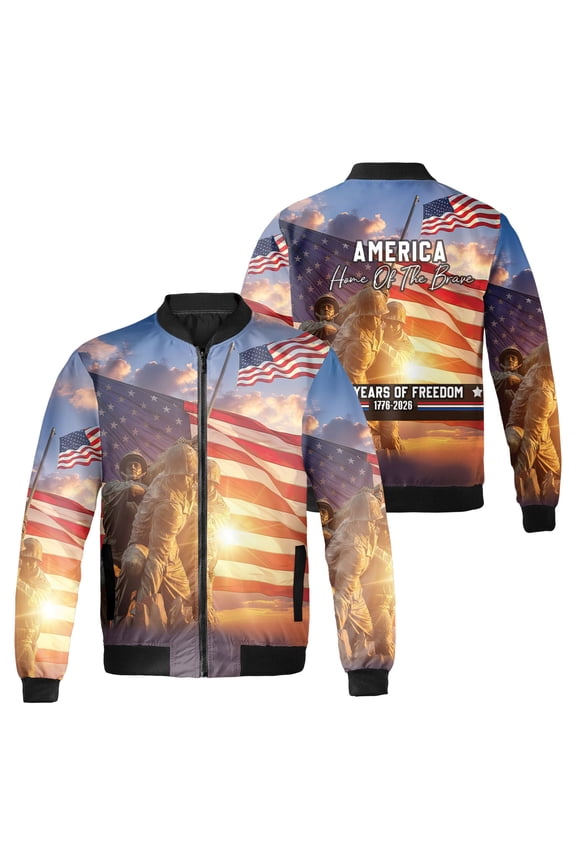 America Home of the Brave Bomber Jacket, Patriotic American Flag Baseball Jacket, Years of Freedom 1776-2026 Veterans Tribute Independence Day Jacket