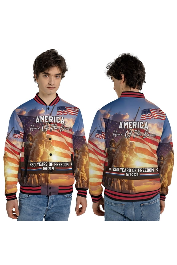 America Home of the Brave Bomber Jacket, Patriotic American Flag Baseball Jacket, Years of Freedom 1776-2026 Veterans Tribute Independence Day Jacket