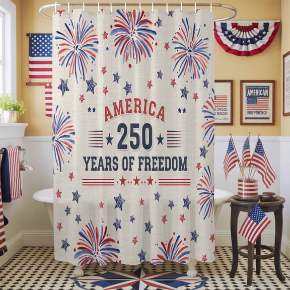 America Independence Day Shower Curtain, 36" x 72", 250 YEARS OF FREEDOM Retro Firework Waterproof Bathroom Curtain Washable Shower Curtain Set with 12 Hooks