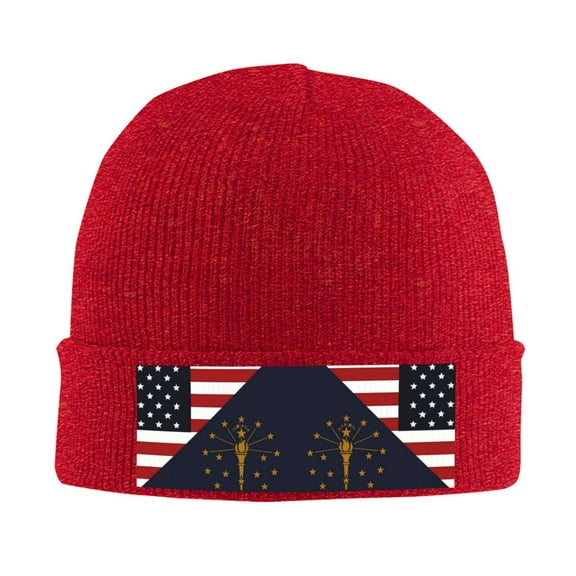 America Indiana Flag Winter Beanie Hats for Men Women Warm Cozy Knitted Cuffed Skull Cap Red