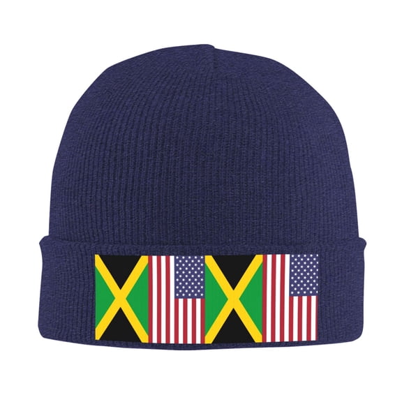 America Jamaica Flag Winter Beanie Hats for Men Women Warm Cozy Knitted Cuffed Skull Cap Navy Blue