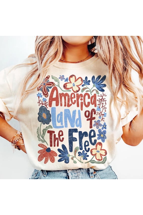 America Land Of The Free T-shirt, Retro Floral 4th of July Shirt, Retro Boho Flower Shirt, Girly USA Shirt, Independence Day Shirt, Patriotic TH140531