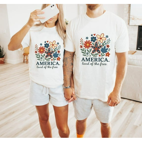 America Land Of The Free Shirt, USA Flower Tee, American T Shirt, Patriotic Floral Gift, 4th of July For Her Apparel