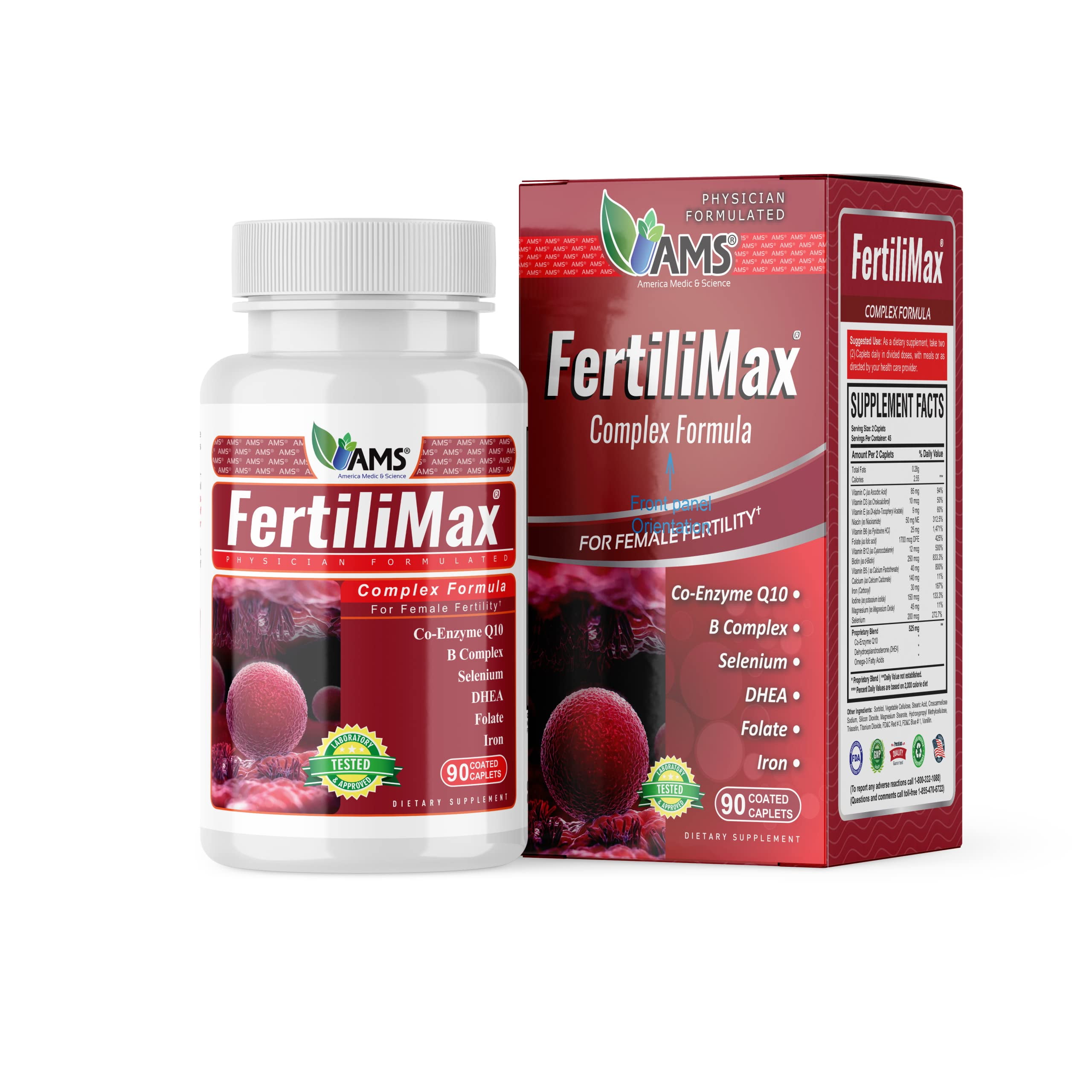 America Medic & Science FertiliMax, Fertility Supplements for Women, Supports Reproductive Health & Fertility Treatment, with Folate, CoQ10, DHEA, Iron, Selenium, 90 Capsules