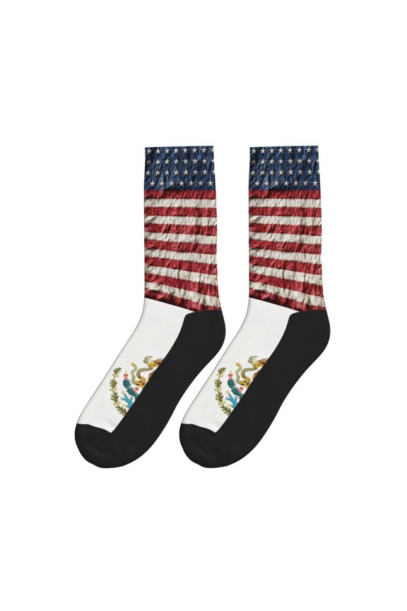 America Mexican Flag Art Athletic Crew Novelty Socks for Womens Mens