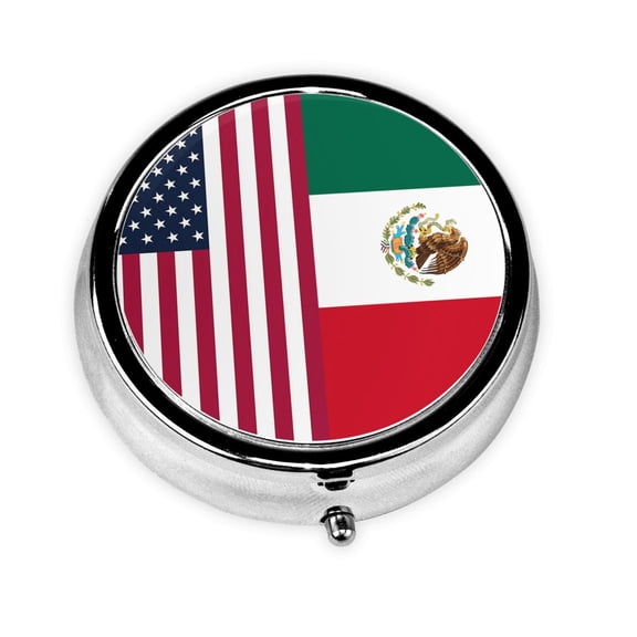 America Mexico Flag Round Portable Pill Box Organizer Vitamin Containers Perfect For Traveling