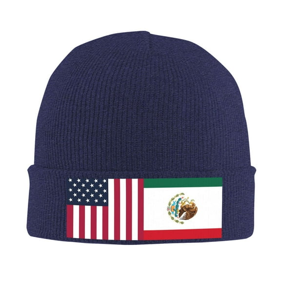 America Mexico Flag Winter Beanie Hats for Men Women Warm Cozy Knitted Cuffed Skull Cap Navy Blue