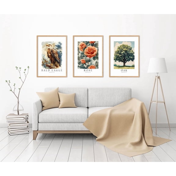 America National Symbols Poster Prints, Bald Eagle, Rose, And Oak Tree Wall Art DecPrints, Set 3, , Poster Only, Set 3, , Poster Only
