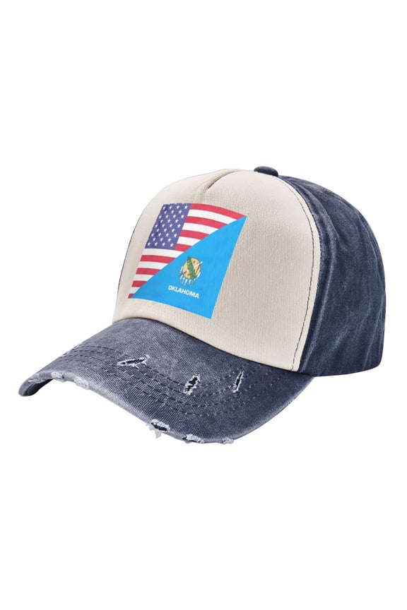 America Oklahoma Flag Baseball Cap Distressed Adjustable Vintage Cotton Denim Hat for Women Men