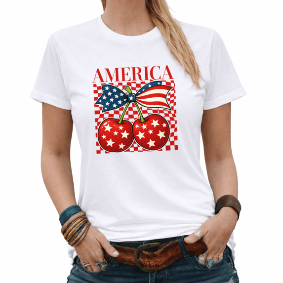 America Patriotic Coquette Bow Cherry Graphic Tees Women's 4th of July Cute Summer Tshirt Tops Black/White S-5XL