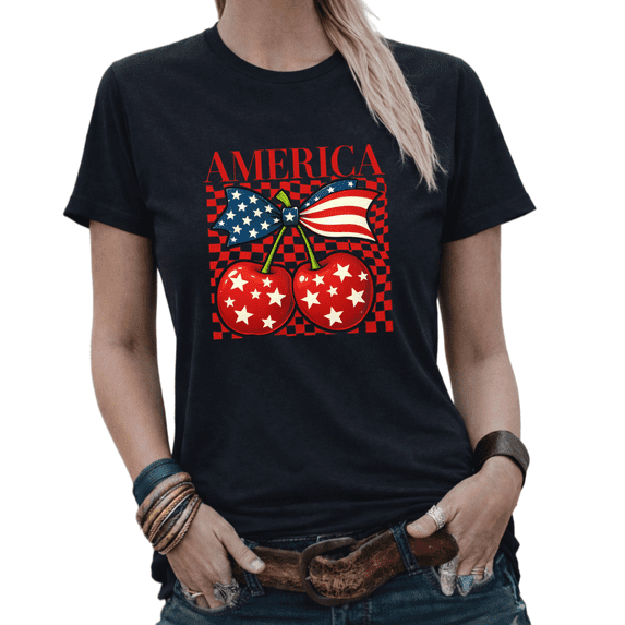 America Patriotic Coquette Bow Cherry Graphic Tees Women's 4th of July Cute Summer Tshirt Tops Black/White S-5XL