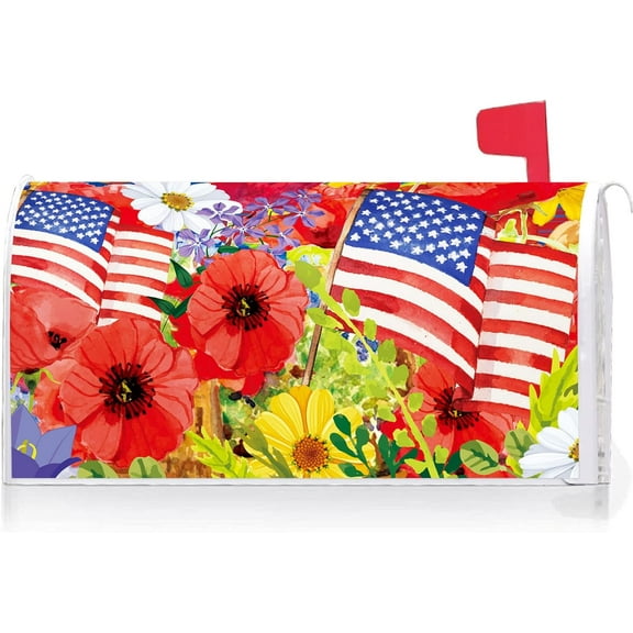 America Patriotic Floral Blooms Independence Day Mailbox Cover with Magnetic Strip Memorial Day Mailbox Wraps Post Letter Box Cover Standard Size 21" X 18" for Garden Outdoor Yard Decor