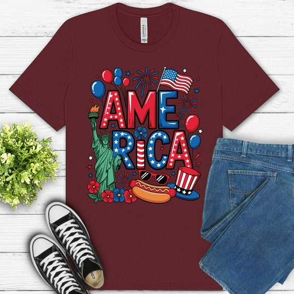 America Patriotic T-Shirt for Women Statue of Liberty Fireworks Graphic Tee , Maroon, S