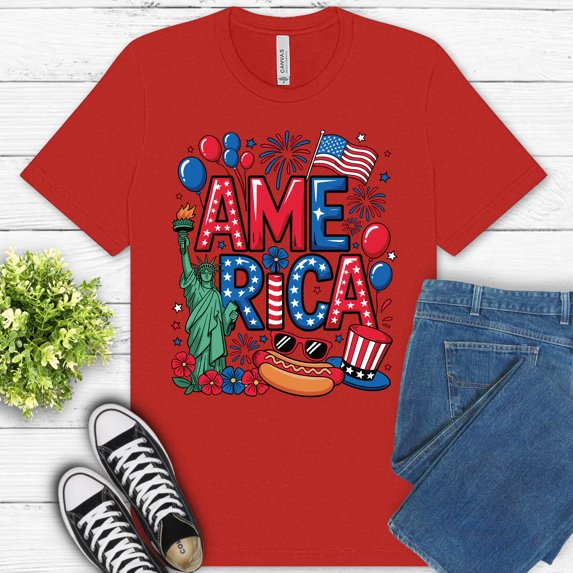 America Patriotic T-Shirt for Women Statue of Liberty Fireworks Graphic Tee , Red, 4XL