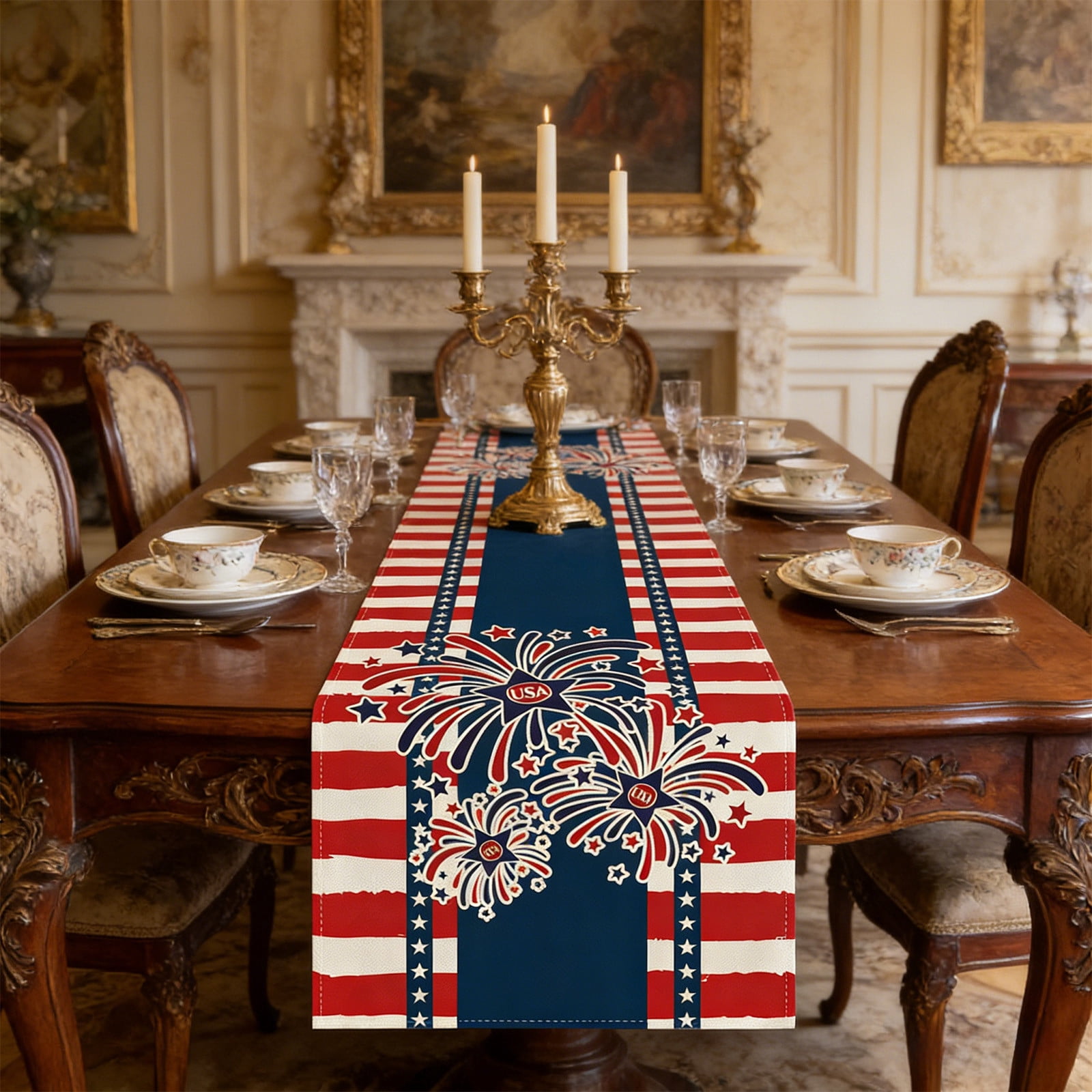 America Patriotic Table Runner, Red White Blue Star Pattern Table Linen ...