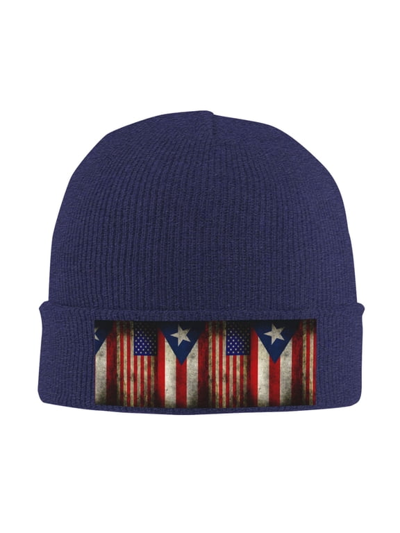 America Puerto-Rico-Flag Winter Beanie Hats for Men Women Warm Cozy Knitted Cuffed Skull Cap Navy Blue