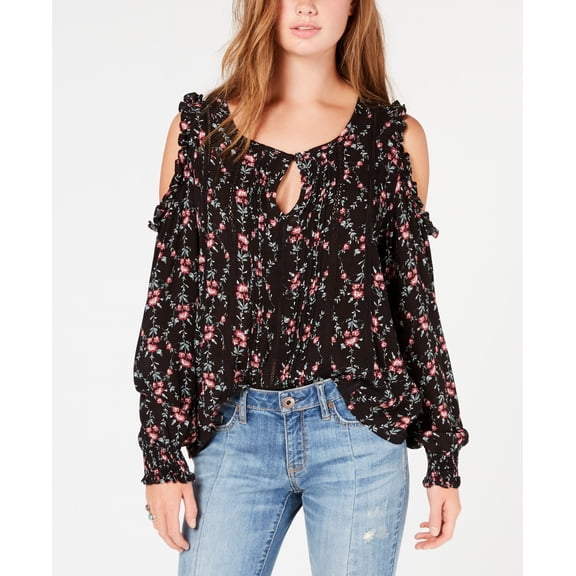 America Rag Juniors Printed Ruffled Cold Shoulder Top Black Combo 2XS