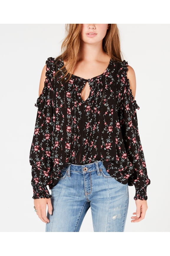 America Rag Juniors Printed Ruffled Cold Shoulder Top Black Combo 2XS