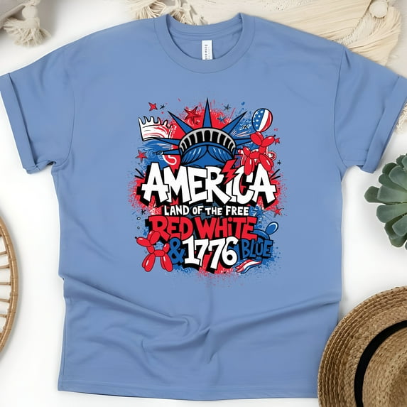 America Red White Blue T-Shirt – 1776 Graffiti Patriotic Tee, CarolinaBlue, Size 3XL
