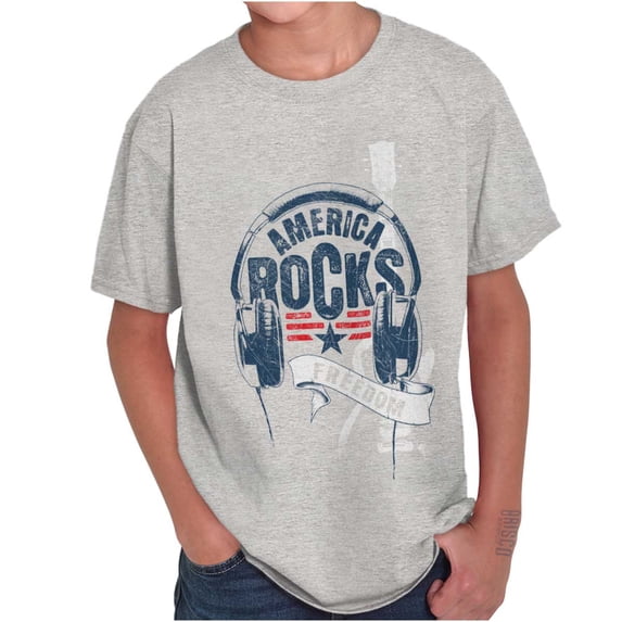 America Rocks Patriotic Headphones Crewneck T Shirts Boy Girl Teen Brisco Brands S