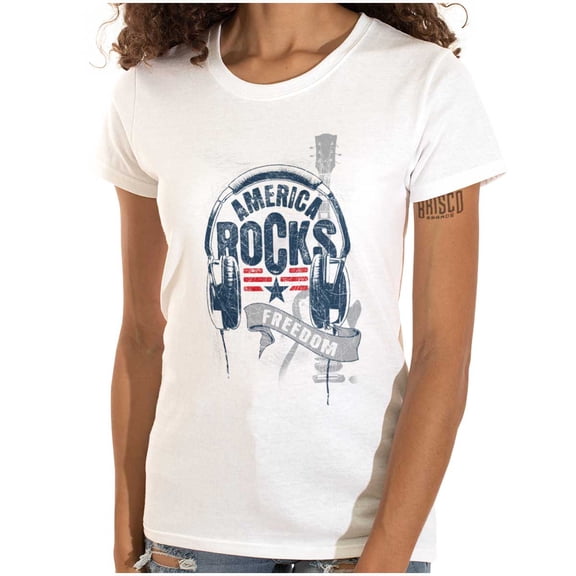 America Rocks Patriotic Headphones Womens Slim Fit Graphic Tee Brisco Brands X