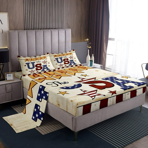America Sheet Set American Flag Sheets, God Bless The USA Patriotic Theme Bed Sheets Set 4th of July Rustic Wooden Plank Flat Fitted Sheet Geometry Grid and Stripes Patchwork Bedding Set King