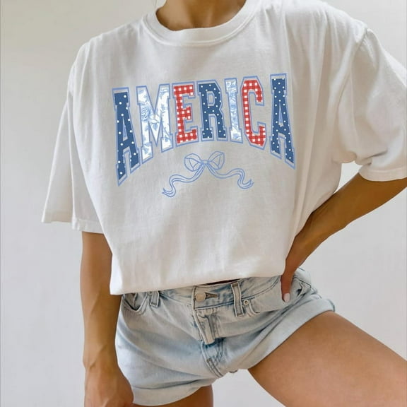 America Shirt Tee, 4th of July Patriotic Top, Cute USA T-shirt for Women, Red White Blue Bow Tee, Summer Outfit