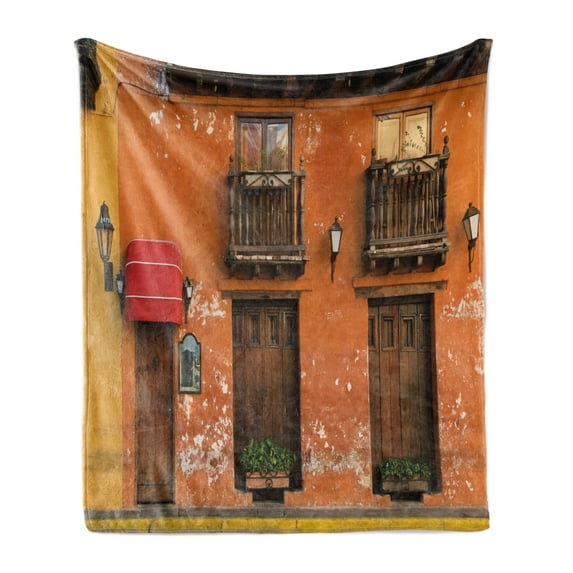 America Soft Flannel Fleece Blanket, Cartagena Streets with Vibrant Color Building Facade Caribbean Landscape Columbia, Cozy Plush for Indoor and Outdoor Use, 50" x 70", Orange Brown, by Ambesonne