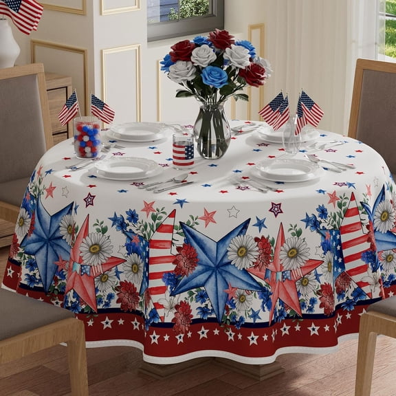 America Stars Flowers 4th of July Tablecloth Round Patriotic Memorial Day Table Cloth Table Covers for Indoor Dining Home Party Decorations 70x70 Inch