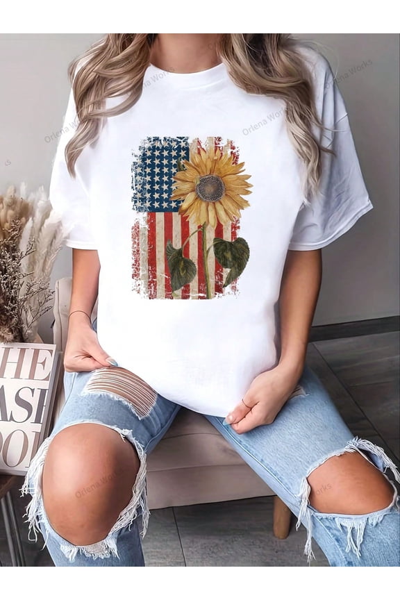 America Sunflower Flag 4th July American Patriotic Flower T-Shirt - 100% Cotton Graphic Tees Women, Top Shirt Women Summer Tops Clothes, Y2K Clothes Mother Day Gift