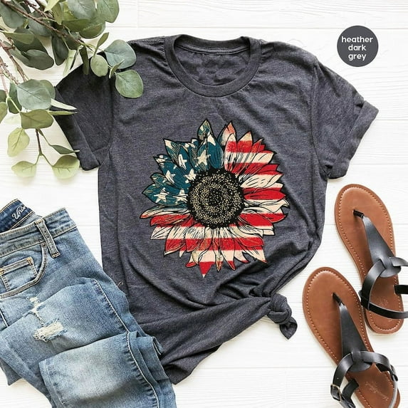 America Sunflower Shirt, USA Flag Flower T Shirt, Gift For American, 4th Of July Flag Graphic T-Shirt, Freedom TShirt, Independence Shirt