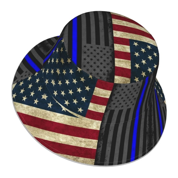 America Thin Blue Line Flag Bucket Hat Stripe Beach Fisherman Hats For Women Men Reversible Double-Side-Wear With Reflective