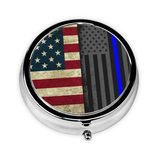 America Thin Blue Line Flag Round Pill Box Small Pill Case For Purse Pocket Medicine Organizer Travel Pillbox Portable Pill Container