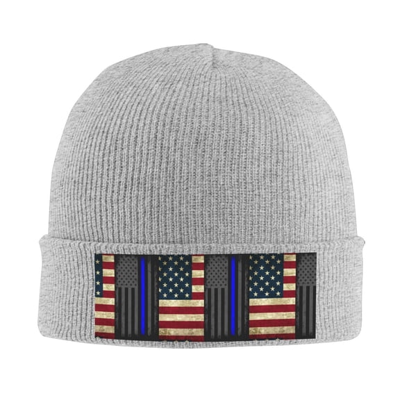America Thin Blue Line Flag Winter Beanie Hats for Men Women Warm Cozy Knitted Cuffed Skull Cap Gray