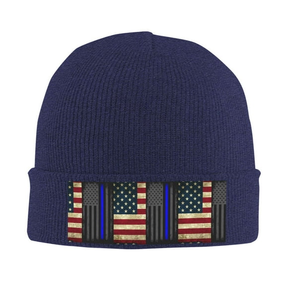 America Thin Blue Line Flag Winter Beanie Hats for Men Women Warm Cozy Knitted Cuffed Skull Cap Navy Blue
