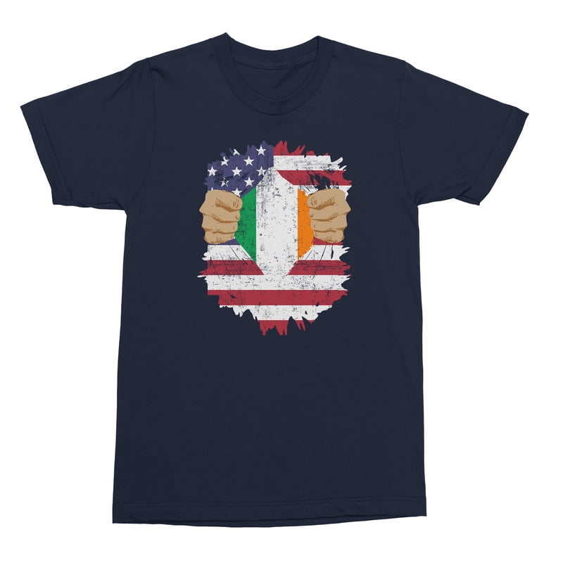 America USA Ireland Flag Hero Ripped Unisex T-Shirt (Navy, Medium ...