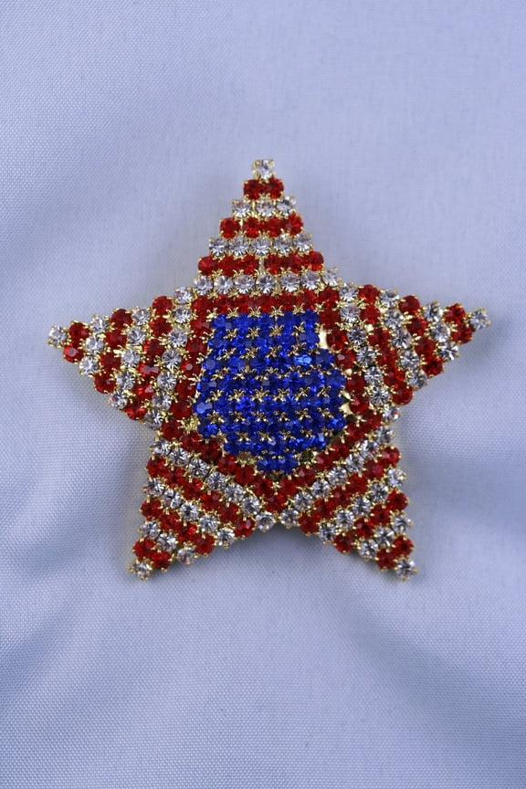America USA Patriotic Red White Blue Crystal Rhinestone Texas Star Brooch Pin