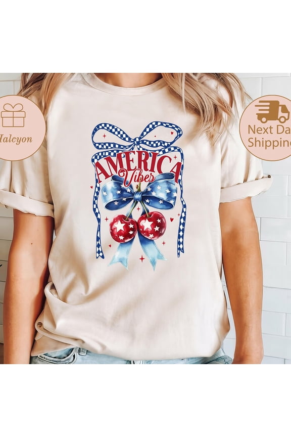 America Vibes Shirt, Patriotic Coquette Cherry Shirt, Preppy Usa Shirt, 4Th Of July Shirt, Independence Day Shirt, Fourth July Tee Birthday Gifts; For Men & Women