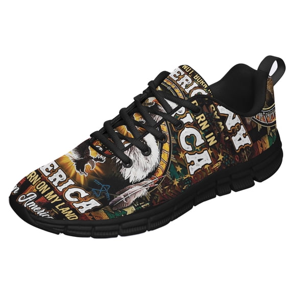 America Was Born On My Land Native American Flag Running Shoes Sneakers Mesh Black Size 8