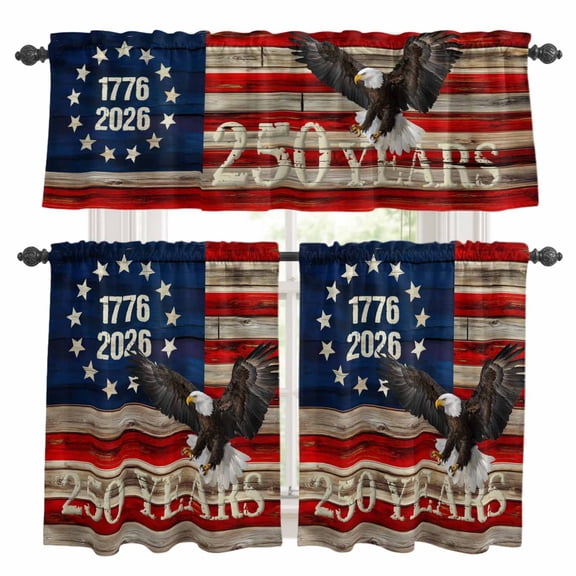America Years Eagle Kitchen Curtains Valances 3 Piece Set, Independence Day Red Blue USA Flag Wood Grain Rod Pocket Tier Curtain and Valance Drapes for Small Window 36 Inch Length for Bedroom Cafe