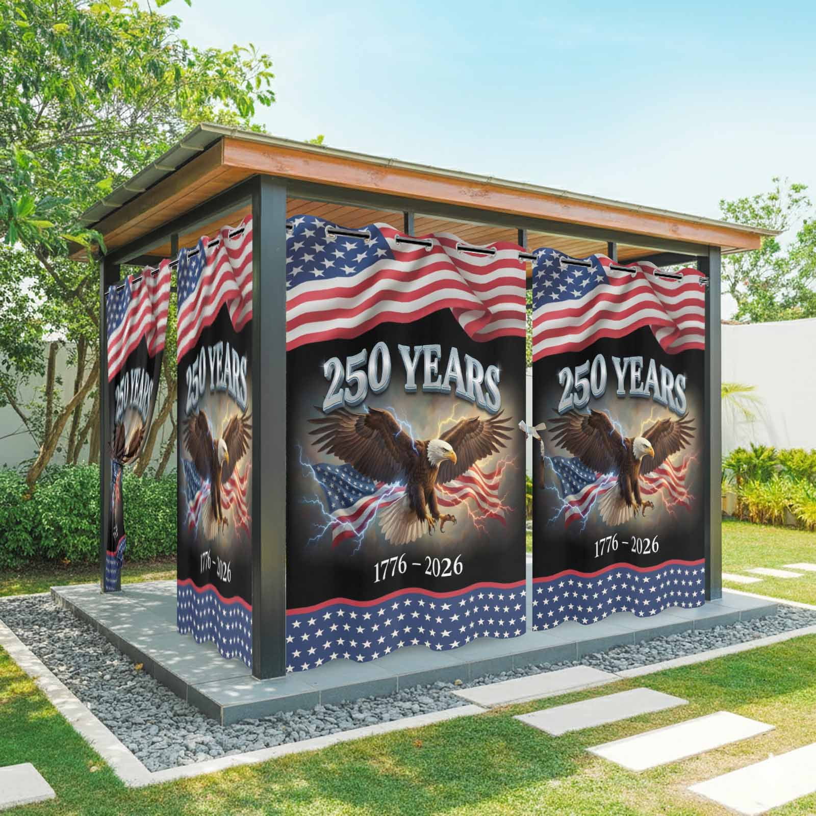 America Years Eagle Outdoor Curtains for Patio, Independence Day Lightning Red Blue Star Flag Sunshade Privacy Drapes Grommet Waterproof Outside Curtains for Porch/Cabana/Balcony 54"x 108", 1 Panel