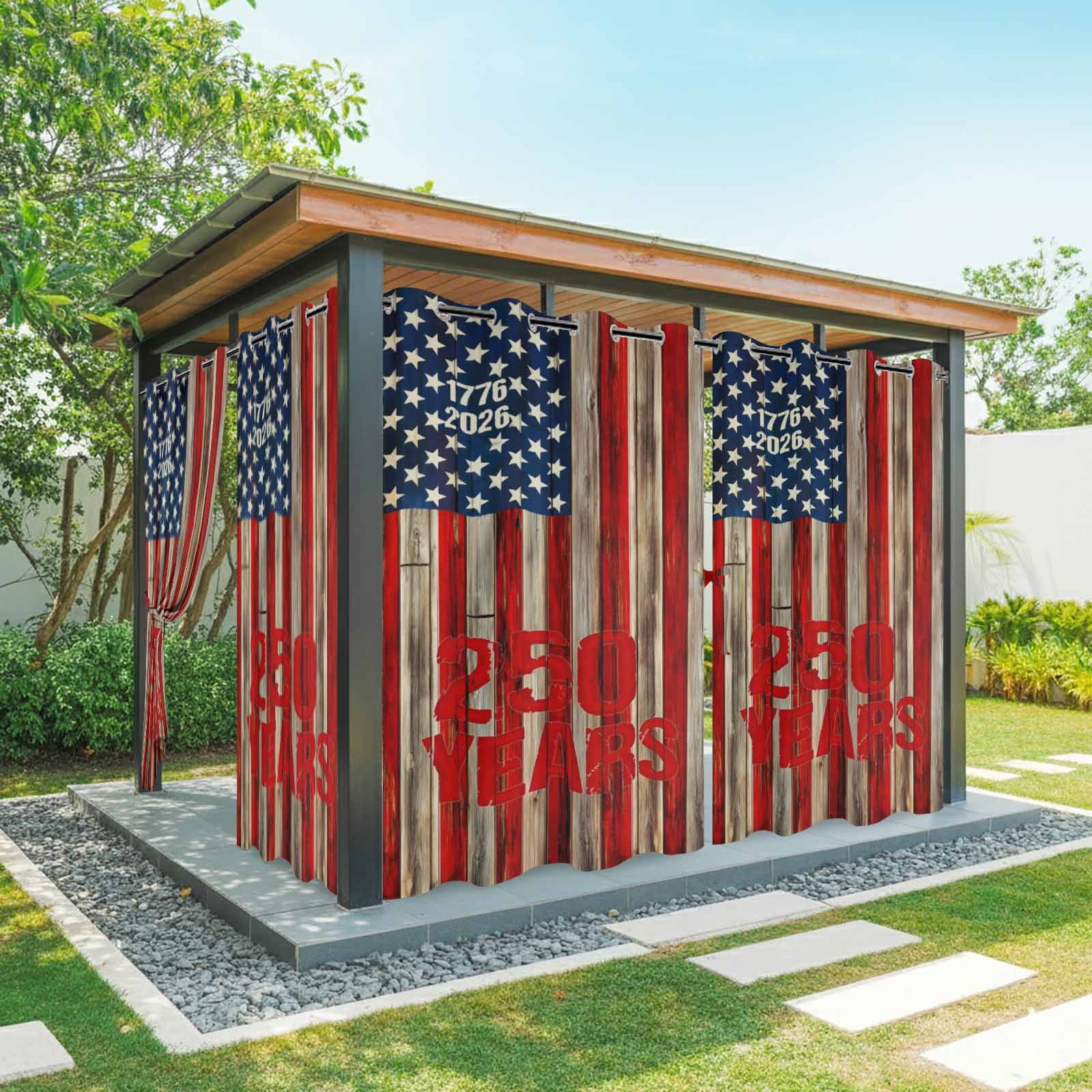 America Years Outdoor Curtains for Patio, Independence Day Patriotic Red Blue Flag Wood Grain Sunshade Privacy Drapes Grommet Waterproof Outside Curtains for Porch/Cabana/Balcony 54"x 108", 1 Panel