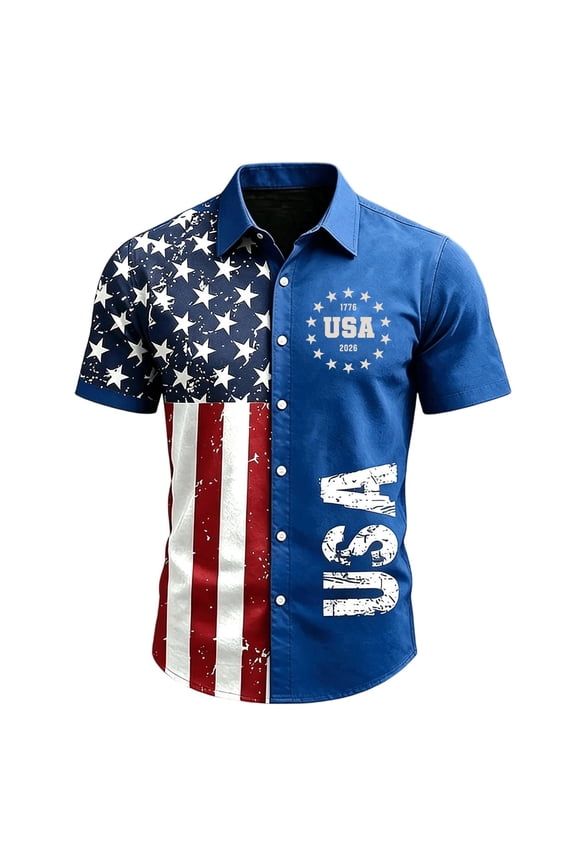 America's 250th Anniversary Hawaiian Shirt for Men 4th Of July American Flag Printed Hawaiian Shirts Short Sleeve Button Down Patriotic Shirt for Memorial Day Independence Day Casual Tee,Blue 2XL