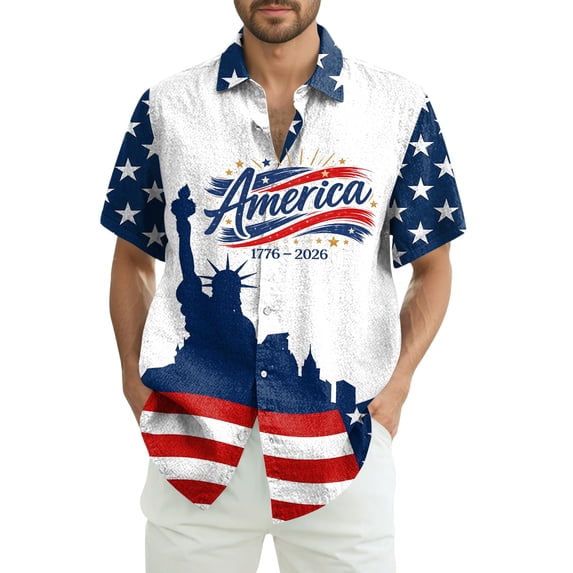 America's 250th Anniversary Hawaiian Shirt for Men 4th Of July American Flag Printed Hawaiian Shirts Short Sleeve Button Down Patriotic Shirts USA Independence Celebration Outfits,Blue M