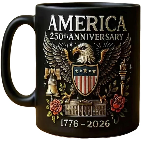 America's 250th Anniversary Mug 1776-2026, 11oz Patriotic Ceramic Coffee Cup with Eagle Liberty Bell, Dishwasher Safe Commemorative(black