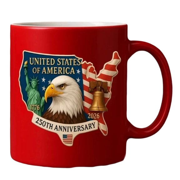 America's 250th Anniversary Mug (1776-2026) - 11oz Patriotic Commemorative Ceramic Coffee Cup, Vibrant Print with Eagle, Liberty Bell, Dishwasher & Microwave Safe, Gift for 4th of July (Red)