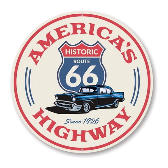 America's Highway Route 66 Sign, Novelty Car Sign, Garage Aluminum Metal Decor Sign - 12" Round